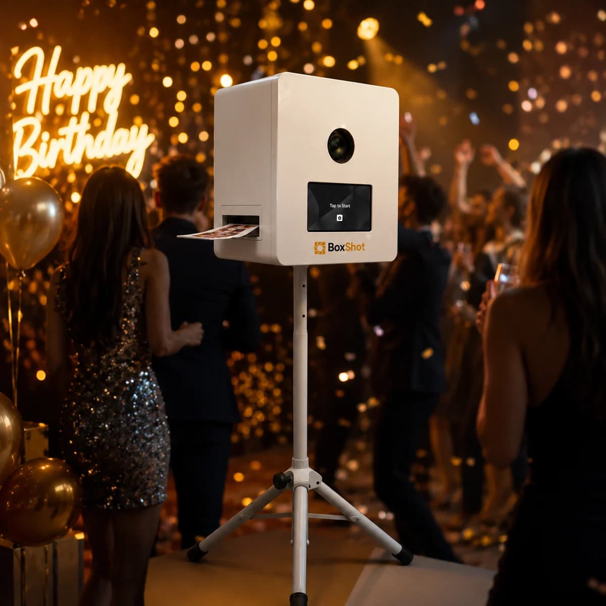 BoxShot Fotobox mieten — Geburtstagsgäste vor goldenem Neonlicht mit Sofortdruck-Fotobox