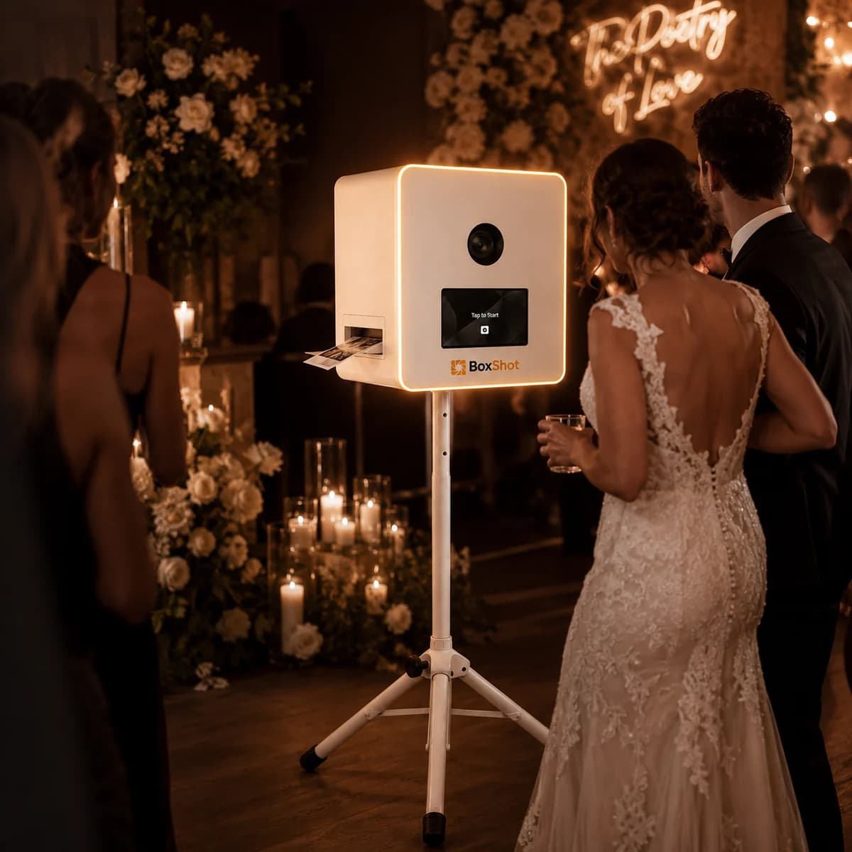 BoxShot Fotobox mieten für Hochzeit — elegante Fotobox mit warmem Candlelight und Brautpaar
