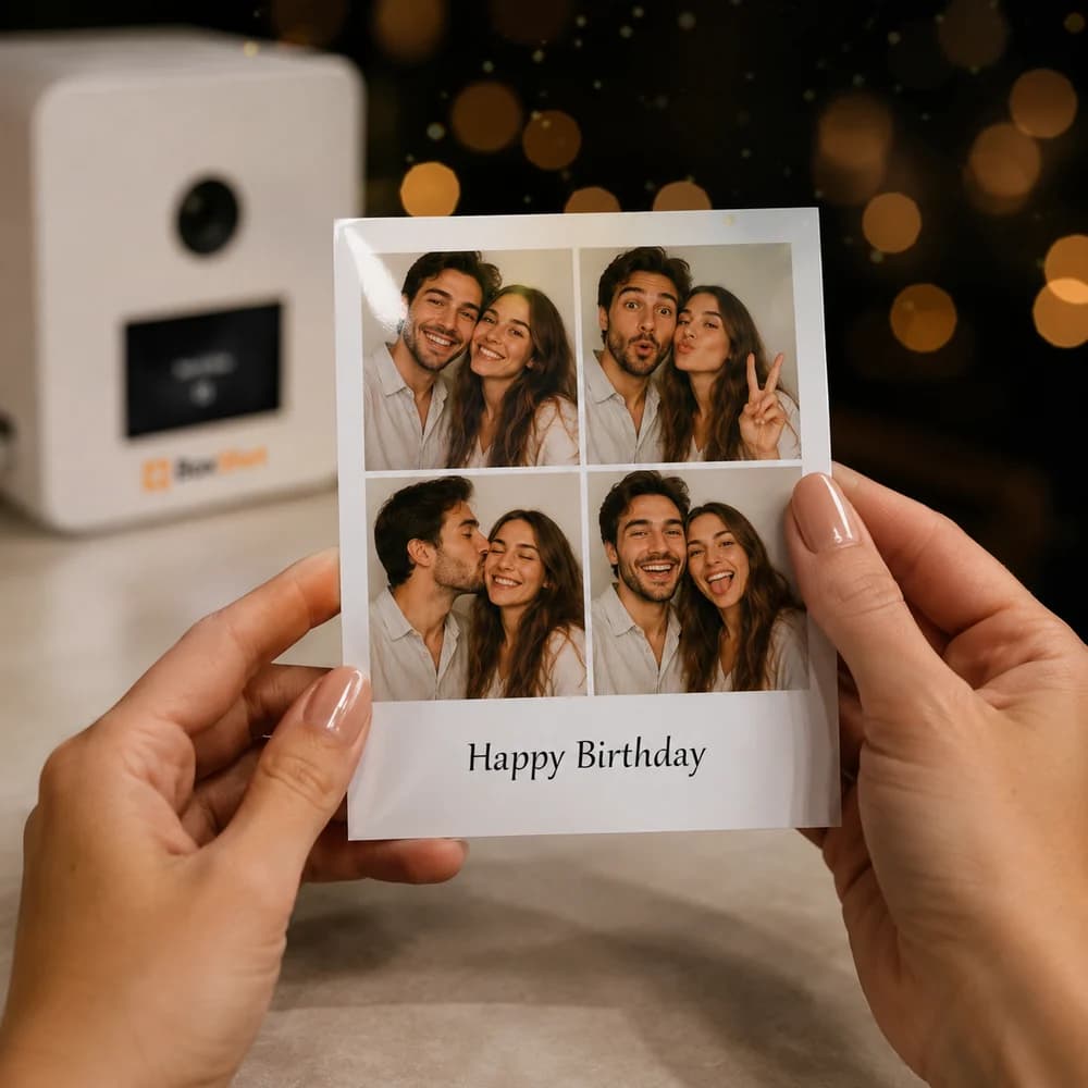 BoxShot Sofortdruck — Hände halten personalisierten Foto-Strip mit Happy Birthday Aufdruck